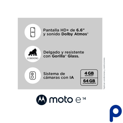 "Moto e14: Tu Cine Portátil con Sonido Dolby y Pantalla HD+"